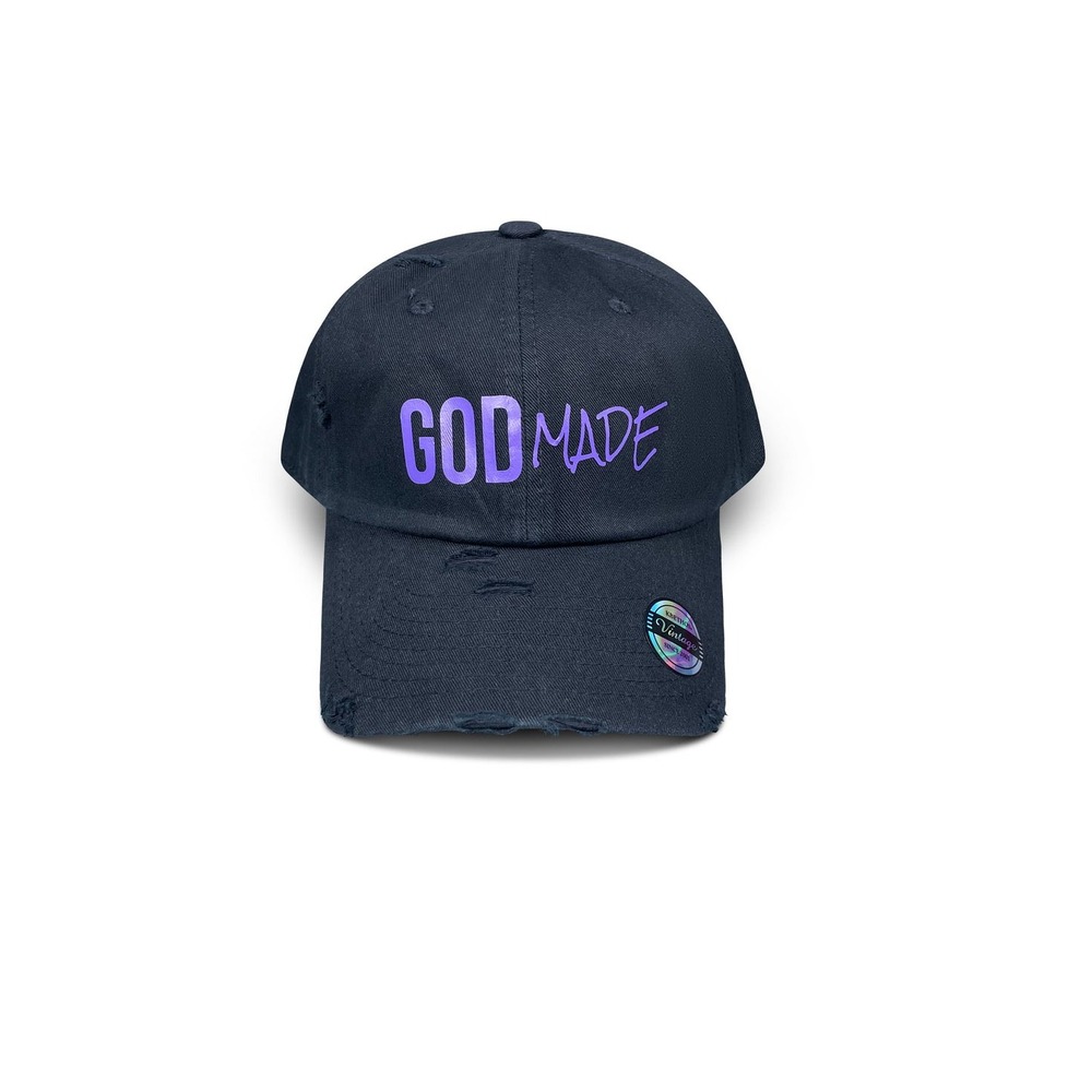 God Made Distressed Baseball Cap Black Purple Graphic Adjustable Dad Hat NWT